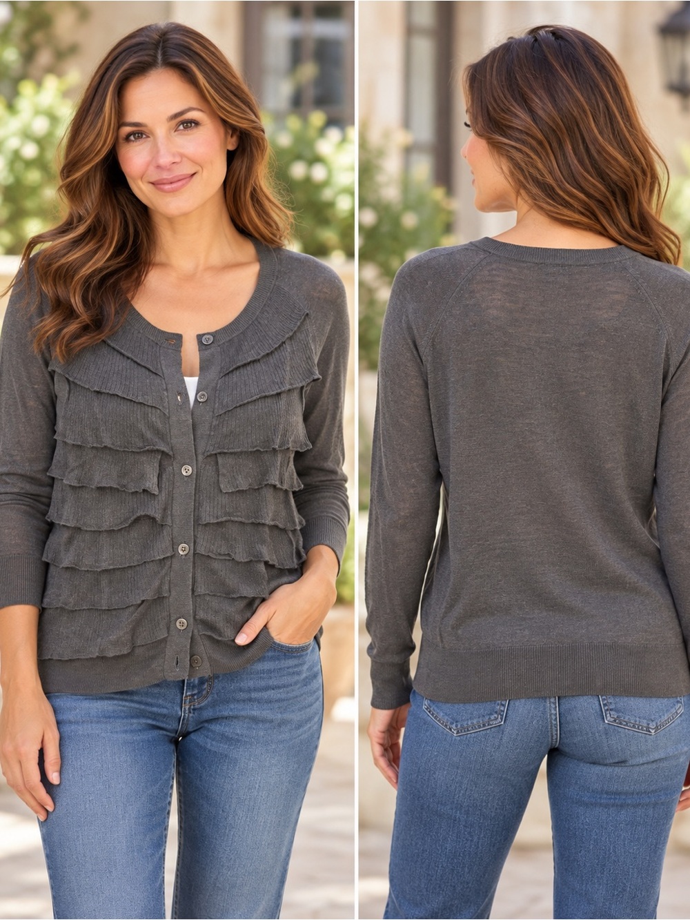 Crew ruffle silk linen cardigan gray size L